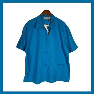 Vintage Kathie Lee Collection Blue Linen Short Sleeve Button Down Blouse Top XL